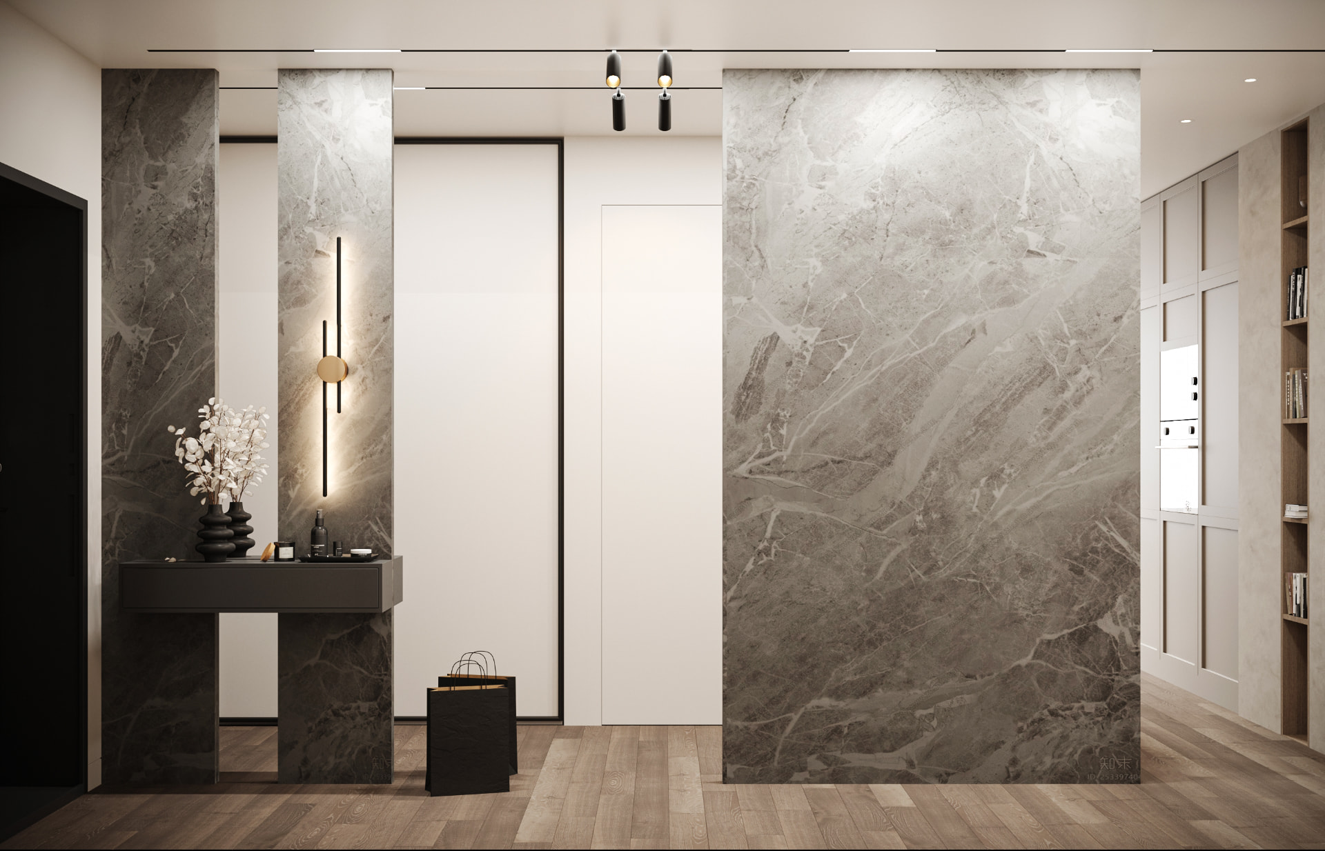 Contemporary residential entrance with marble wall panels